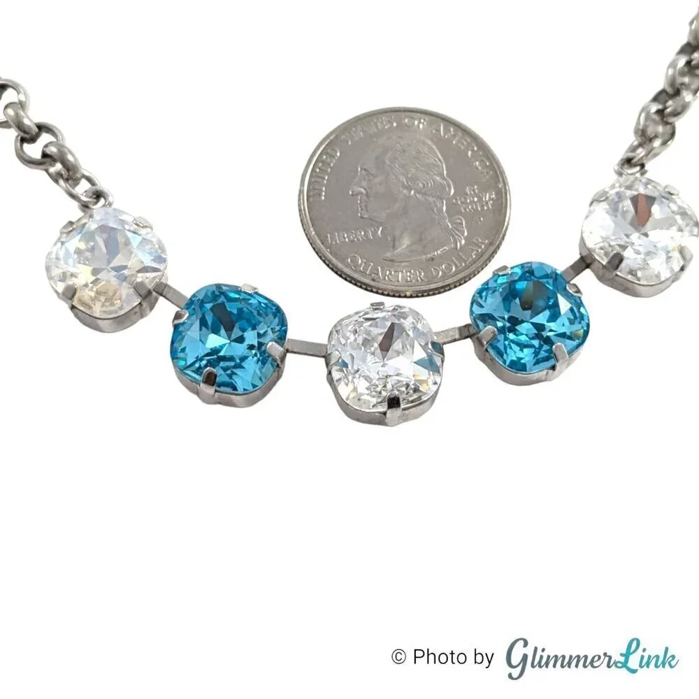 Sparkling Blue & Clear Cushion Crystal Silver Tone Necklace